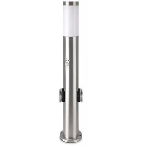 V-TAC VT-838 Portalampada Wall Light da giardino con sensore PIR e 2 prese schuko 16A fissaggio a terra 60cm in acciaio inox nickel satinato 1xE27 IP44 - sku 8977