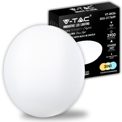 V-TAC Plafoniera LED Rotonda 36W Interruttore CCT 3in1 Satinata d:480mm h:65mm