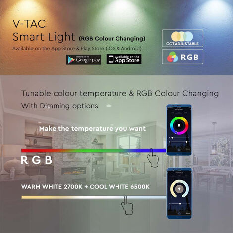 V-TAC Faretto LED GU10 4,8W Compatibile con Google Home e  Alexa  Tramite App V-Tac Smart RGB + 2700K + 6500K