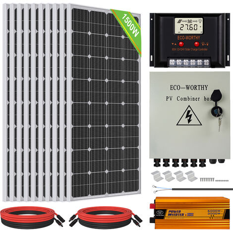 Kit complet de panneau solaire 1500W avec Onduleur hors r��seau 3000W 24V et Combineur 6 cordes pour bateau, maison, caravane, marine