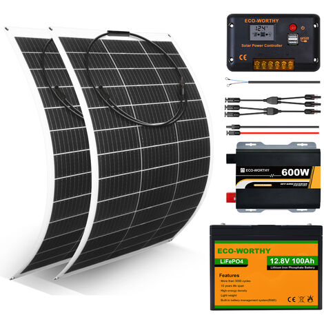 ECO-WORTHY Kit complet de panneau flexible solaire 260W avec batterie lithium LiFePO4 100Ah 12V pour bateau, maison, caravane, marine