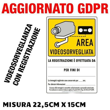 Cartello Adesivo Area Videosorvegliata GDPR – Kit 2 Pezzi, 3 Modelli (Immagini Registrate / Non Registrate / Forze dell’Ordine) - Misura: 22,5cm x 15cm - Modello: Immagini registrate