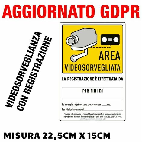 Cartello Adesivo Area Videosorvegliata GDPR – Kit 2 Pezzi, 3 Modelli (Immagini Registrate / Non Registrate / Forze dell’Ordine) - Misura: 21cm x 30cm - Modello: Immagini registrate