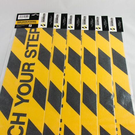 6 pack banda antiscivolo adesiva con scritta "WATCH YOUR STEP" giallo-nera (1/4)