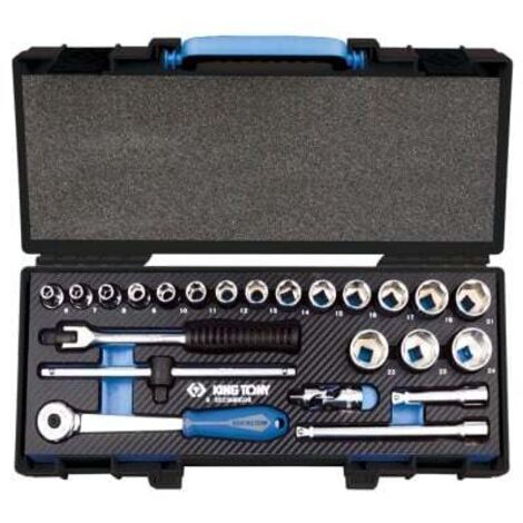 Coffret de douilles 3/8' 6 pans métriques – 23 pièces – Cliquet à angle de reprise 5° – Longueur douilles 27 mm – Accessoires inclus – King Tony