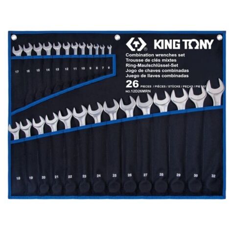 Trousse de 26 clés mixtes légères 6 à 32mm – Fourche renforcée inclinée 15° – Œil incliné 13° – Profilé en I pour durabilité – King Tony