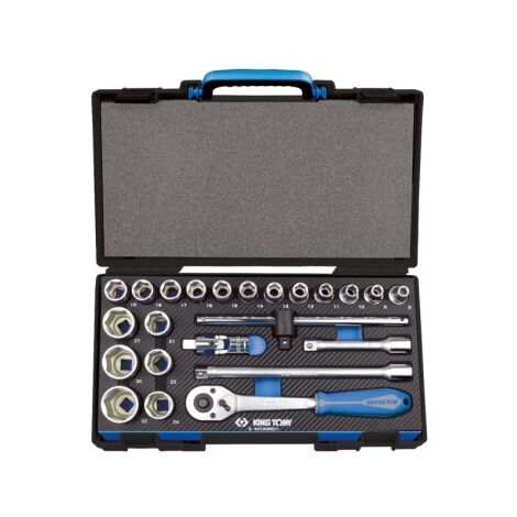Coffret de douilles 1/2' 6 pans EVAWAVE – 23 pièces – Douilles standard métriques 8 à 32mm – Cliquet avec angle de reprise 11° – King Tony - accessoires1