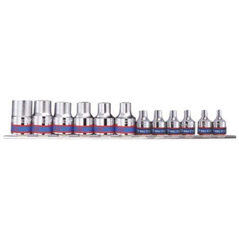 Jeu de 12 douilles Torx E4 à E20 3/8' et 1/2' – Douilles étoile pour clés – Rail de rangement inclus – Pour usage professionnel – King Tony (1/3)