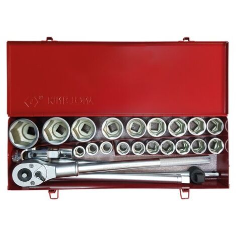 Coffret cliquet et douilles 3/4' – 25 pièces – Cliquet 500 mm avec angle de 15° – Douilles 6 pans de 19 à 55 mm – Coffret métallique robuste – King Tony