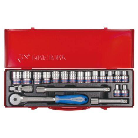 Coffret de douilles métriques 1/2' – 20 pièces – Douilles 12 pans – Cliquet 250 mm – Rallonges 125 mm et 250 mm – King Tony