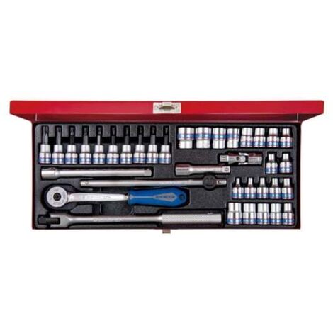 Coffret douilles 3/8' 34 pièces – Douilles 6 pans et TORX® – Cliquet avec angle de reprise 5° – Coffret métallique durable – King Tony
