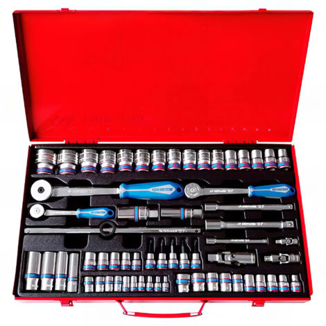Coffret cliquet et douilles 1/4' 3/8' 1/2' – 62 pièces – Douilles courtes et longues 6 pans – Coffret métallique robuste – King Tony