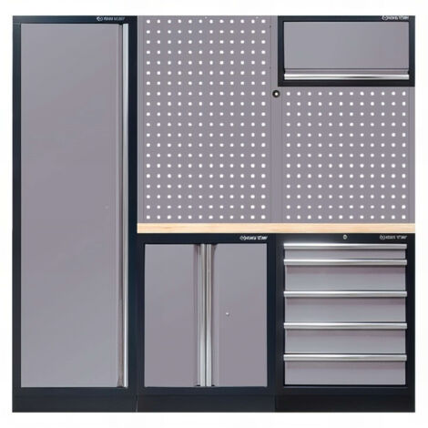 Demi mobilier d'atelier gris – 2 panneaux perforés – 1 plateau en bois 35mm – 1 meuble bas avec 2 portes et 5 tiroirs – King Tony (1/5)