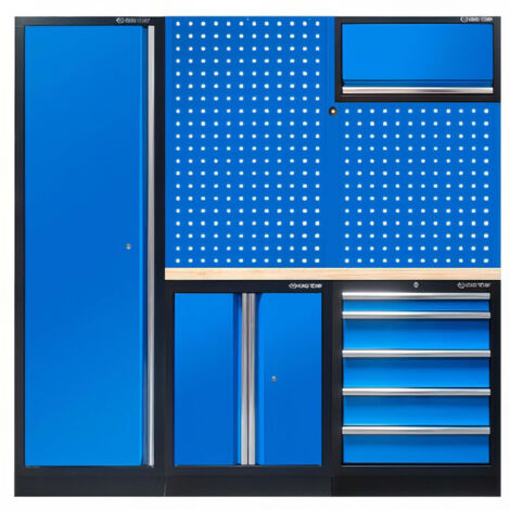 Demi mobilier d'atelier bleu – 2 panneaux perforés – Plateau en bois 35mm – Armoire et meuble bas avec tiroirs – Rangement efficace – King Tony (1/5)