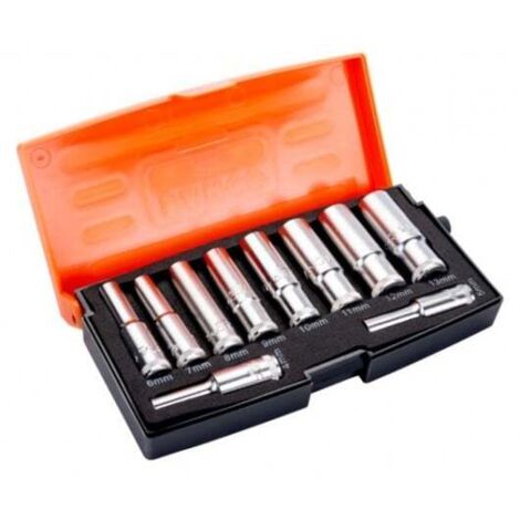 Bahco – Jeu de douilles longues 1/4' 10 pcs – Profil 12 pans – Alliage d'acier haute performance – Normes ISO 1174 et DIN 3120