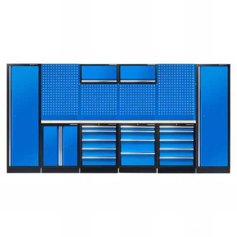 Servante d'atelier roulante 19 pièces – 4 tiroirs – 2 plateaux bois 35mm – Charge maximale 300kg – Noir/Bleu – King Tony