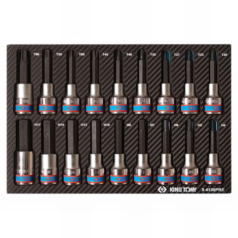 Coffret cliquet et douilles 18 pièces 1/2" – Douilles TORX® T20 à T60 et 6 pans H4 à H17 – Module mousse pour rangement optimisé – King Tony