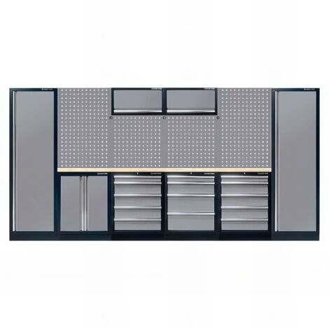 Mobilier d'atelier complet 19 pièces – 4 panneaux perforés – 2 plateaux en bois 35mm – 2 coffres hauts – 1 meuble bas 4 tiroirs – 2 armoires – King Tony (1/5)
