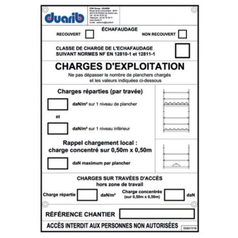DUARIB - Panneau d'information sur la capacité de l'échafaudage - pour échafaudages F3000, F3000 ALU et MULTI 4X