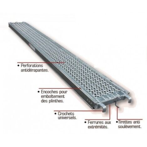 Altrad – Plancher acier galvanisé 0,365 x 1,50m pour échafaudage façadier – Résistance 300kg/m² – Perforations antidérapantes – MOST36150AC