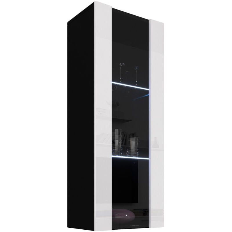 Armario Colgante 1 puerta 3 compartimentos – negro y blanco acabado en brillo led 40 x 126 29cm nora v2