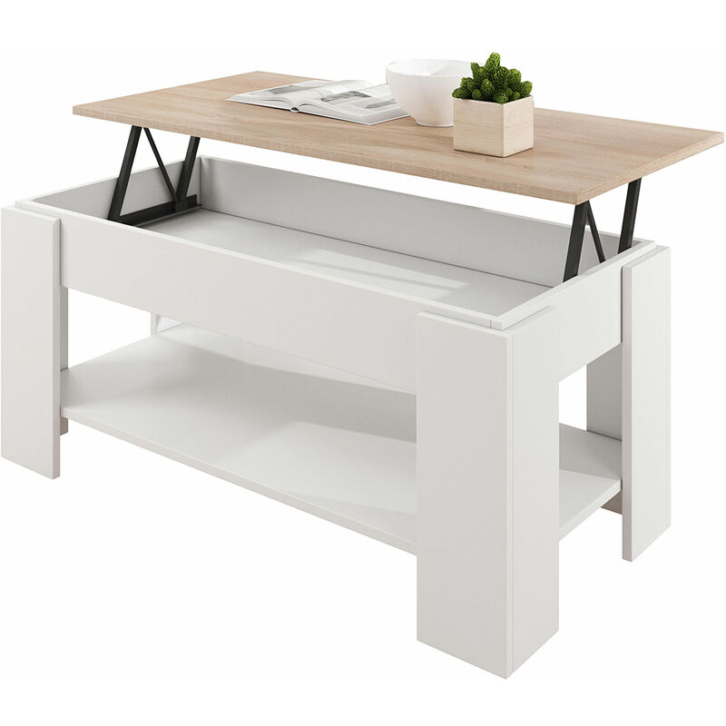 Mesa de centro elevable 1 compartimiento – Blanco y Sonoma Acabado en Brillo – 100 x 50 x 43,5 (52,3) cm – NICOLETA