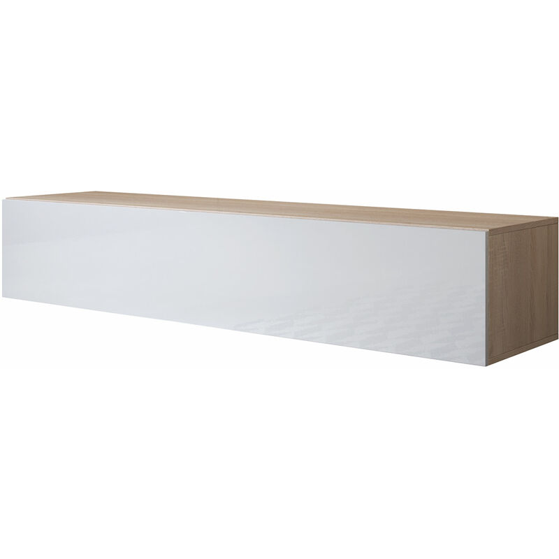 Mueble TV colgante 2 puerta 3 compartimentos – Sonoma y Blanco Acabado en Brillo – 160 x 30 x 40cm – LUKE H2