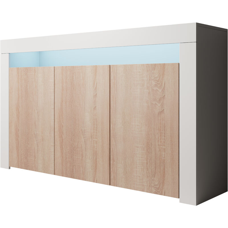 Aparador 3 puertas – Blanco y Sonoma Acabado en Mate LED – 155 x 91,5 x 37cm – RIALTA