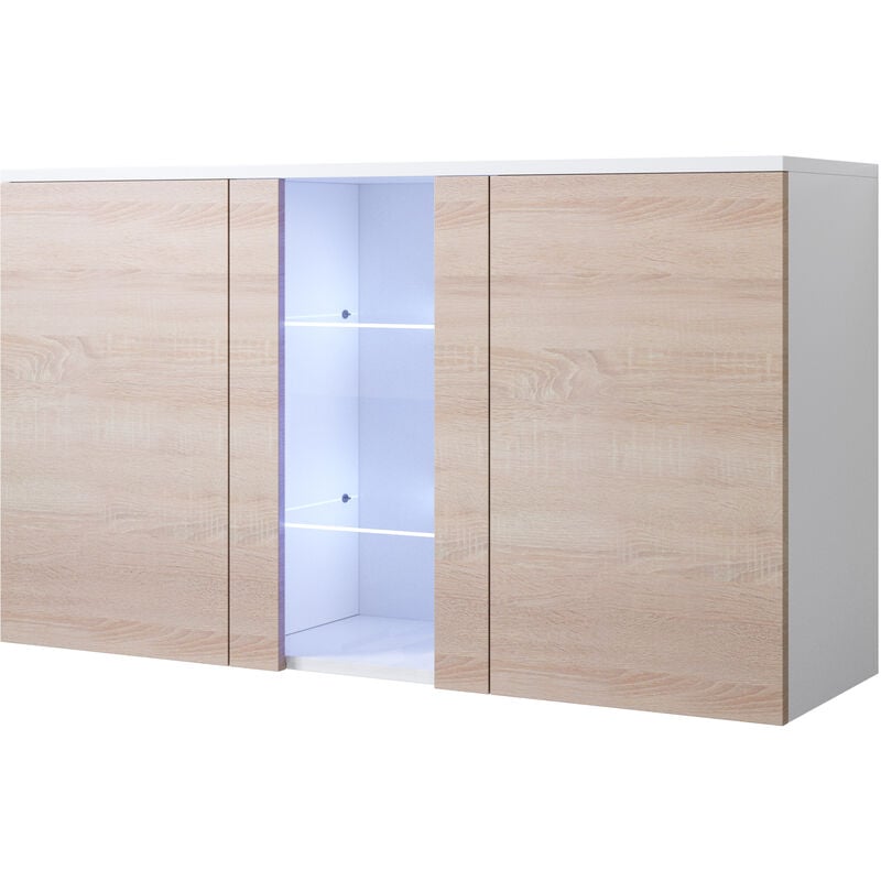 Aparador colgante 2 puertas 1 vitrina – Blanco y sonoma Acabado en mate LED – 120 x 70 x 40cm – LUKE A1