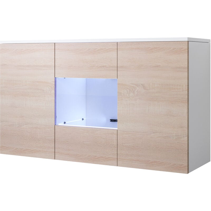 Aparador colgante 2 puertas 1 vitrina – Blanco y sonoma Acabado en mate LED – 120 x 70 x 40cm – LUKE A2