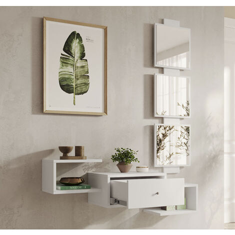 Recibidor con Cajón y Espejo Mueble de Entrada Acabado en Blanco Mate  99,5x145x22cm Modelo Neo