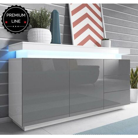Aparador de salon 2 puertas 3 cajones con LED 16 colores  Mueble de salon  150x80x40cm  Modelo Osim  Blanco y Gris Alto Brillo