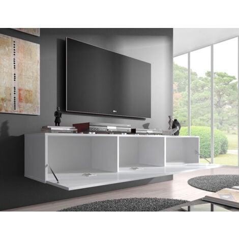 Mueble TV  Mueble de televisión  Colgante  Mueble de Salón  1 puerta 3 compartimentos  160x30x 40cm  Modelo Nora H2  Blanco brillo