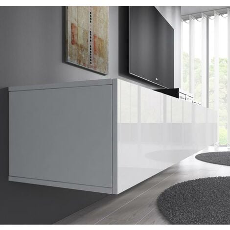 Mueble TV  Mueble de televisión  Colgante  Mueble de Salón  1 puerta 3 compartimentos  160x30x 40cm  Modelo Nora H2  Blanco brillo