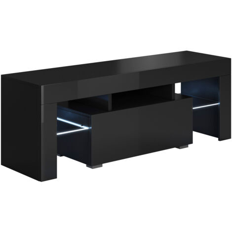 Mueble TV con LED Mueble de televisión Mueble de Salón 1 cajón 130x45x35cm Modelo Elio Negro Acabado en Brillo