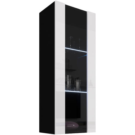 Vitrina colgante con LED  Armario  Mueble de Salón  Vitrina de pared  3 compartimentos  40x126x29cm  Modelo Nora V2  Negro y Blanco brillo