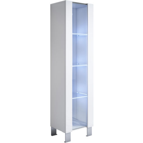 Vitrina con Patas 12cm Armario Mueble de Salón Vitrina de pared LED 1 puerta 40x177x29cm Modelo Luke V5 Blanco brillo
