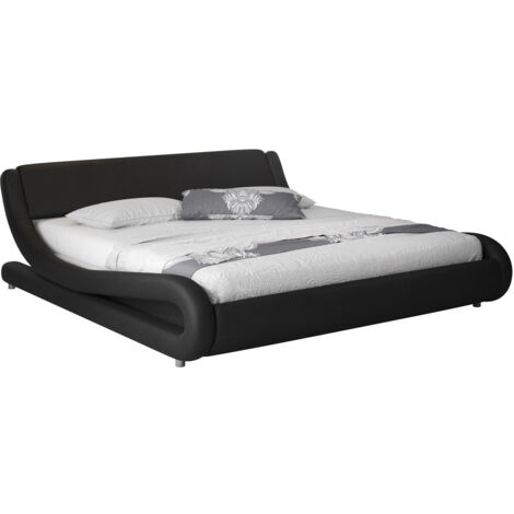 Cama de matrimonio Cama doble con Cabecero Con somier de lamas Negro mate Cama madera y polipiel Modelo Alessia Para Colchón de 160x200