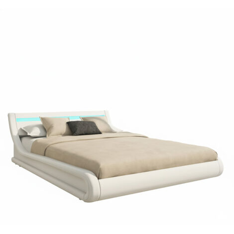 Cama Canapé de matrimonio Cama doble con Cabecero y Canapé LED Somier lamas Blanco Madera y polipiel Modelo Parisina Para Colchón 180x200