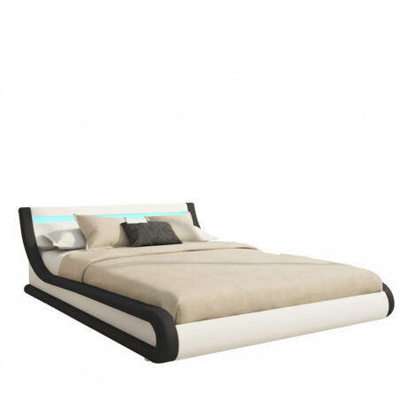 Cama Canapé de matrimonio Cama doble con Cabecero y Somier LED Blanco con Negro Madera y polipiel Modelo Parisina Para Colchón 160x200