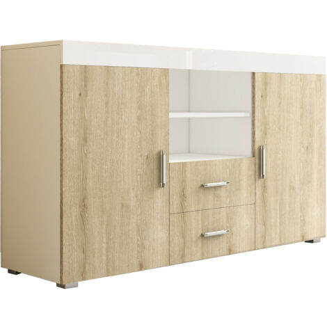Aparador de salon 2 puertas 2 cajones Aparador de cocina Mueble de salon Recibidor 140x82x40cm Modelo Roque Blanco brillo con Sonoma mate