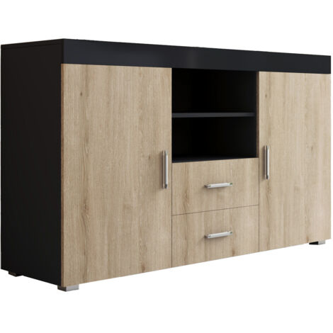Aparador de salon 2 puertas 2 cajones Aparador de cocina Mueble de salon Recibidor 140x82x40cm Modelo Roque Negro brillo con Sonoma Mate