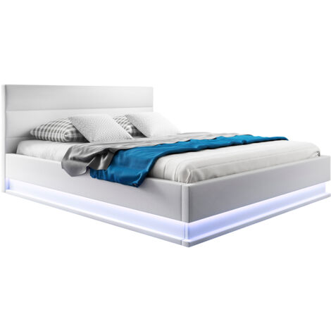 Cama Canapé de matrimonio Cama doble con Cabecero y Canapé LED Somier lamas Blanco Madera y polipiel Modelo Nitas Para Colchón 150x190