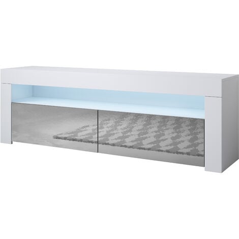 Mueble TV con LED  Mueble de televisión  Mueble de Salón  2 Puertas  140x50x35cm  Modelo Aker  Blanco con Gris Acabado en Brillo