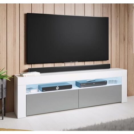 Mueble TV con LED  Mueble de televisión  Mueble de Salón  2 Puertas  140x50x35cm  Modelo Aker  Blanco con Gris Acabado en Brillo