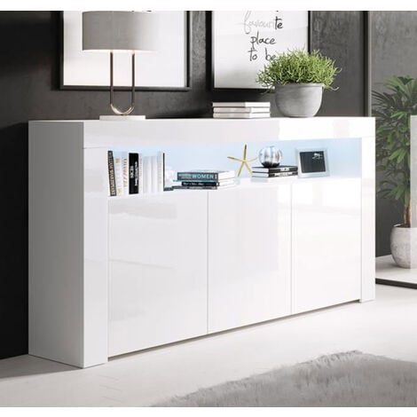 Aparador de salon 3 puertas con LED  Aparador de cocina  Mueble de salon  Recibidor  155x91x37cm  Modelo Aker  Blanco brillo