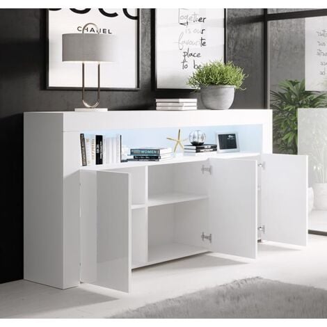 Aparador de salon 3 puertas con LED  Aparador de cocina  Mueble de salon  Recibidor  155x91x37cm  Modelo Aker  Blanco brillo