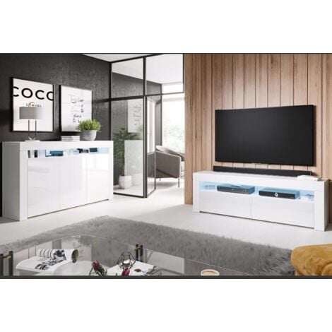 Aparador de salon 3 puertas con LED  Aparador de cocina  Mueble de salon  Recibidor  155x91x37cm  Modelo Aker  Blanco brillo
