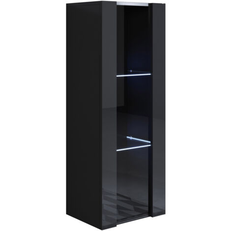 Vitrina colgante  Armario  Mueble de Salón  Vitrina de pared  LED  1 puerta  40x126x29cm  Modelo Luke V2  Negro brillo