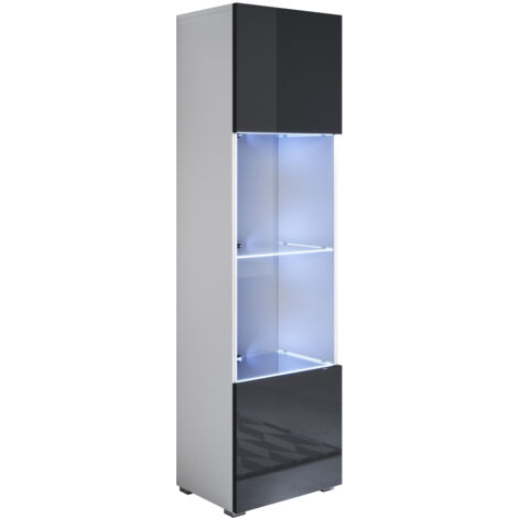 Vitrina con Patas 2cm  Armario  Mueble de Salón  Vitrina de pared  LED  1 puerta  40x167x29cm  Modelo Luke V6  Blanco y Negro brillo